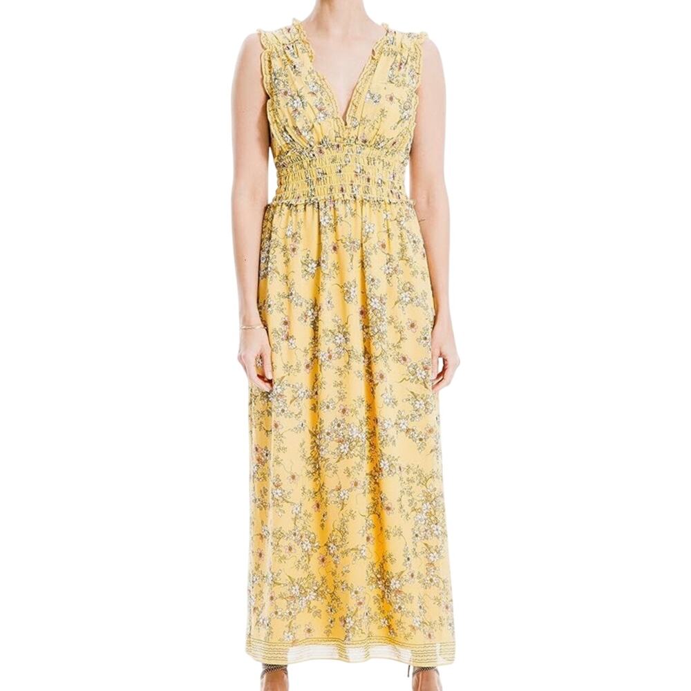 NEW Max Studio Yellow Floral Smocked Waist Sleeveless V-Neck Maxi Dress Size S